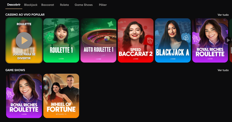 

Roleta, bacará, blackjack e outros jogos de casino ao vivo.